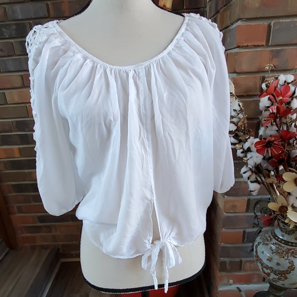Mimi Tie Front Semi-Cropped Top Crochet Sleeves